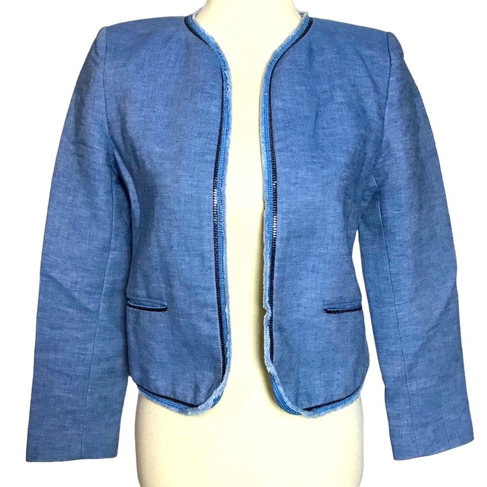 Sandro Chambray Open Front Raw Edge Blue Linen Cotton Blazer Coat Jacket Size 36